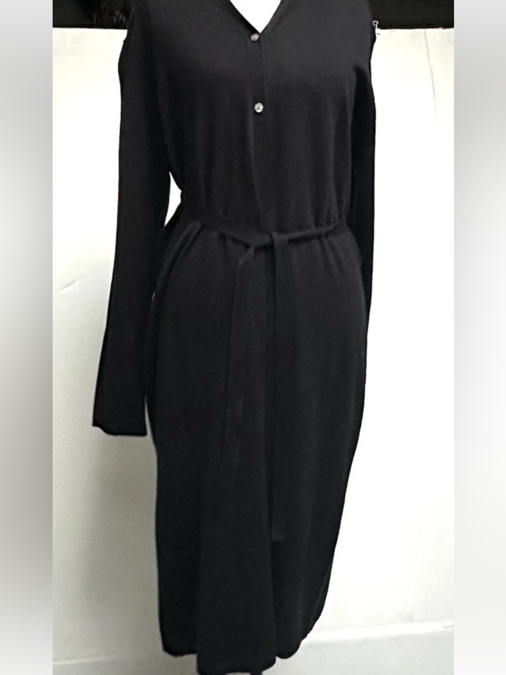 NEW WOOL BLEND BLACK CARDIGAN DUSTER SWEATER DRESS W/TIE Hillard & Hanson VTG XL